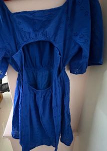 SASSAFRAS Blue Square Neck Fit and Flare Dress