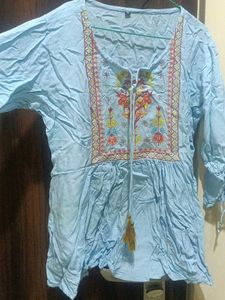Light Blue Embroidered Tassel Kurta