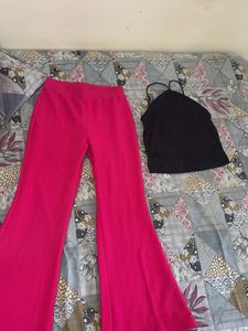 Chic Black Halter Top & Hot Pink Pants Set