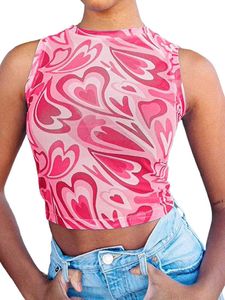 Pink Heart Print Mesh Crop Top