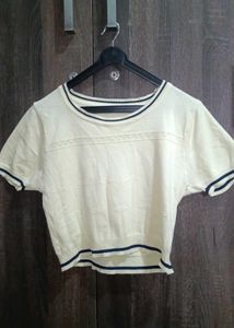 Cream Knit Crop Top with Navy Trim