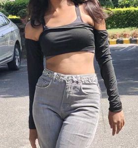 Black Cold Shoulder Crop Top with Full Sleeves
