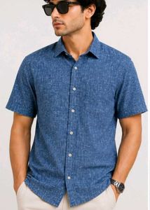 Men's Blue Textured Short Sleeve Shirt