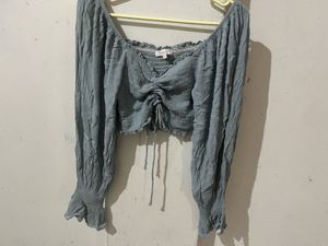 light blue off the shoulder long sleeve crop top