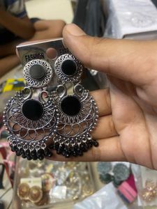 Oxidized Silver Black Jhumka Earrings