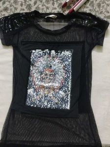 Black Mesh Goth Sequin Graphic Top