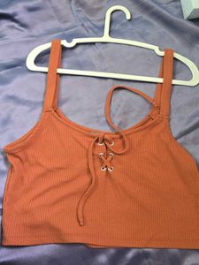 Flash Sale_Orange Ribbed Lace-Up Crop Top