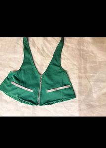 Green Halter Zip Crop Top