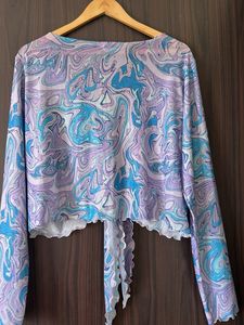 Swirl Print Mesh Tie-Front Top