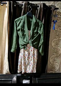 Chic Floral Mini Dress with Olive Green Shirt