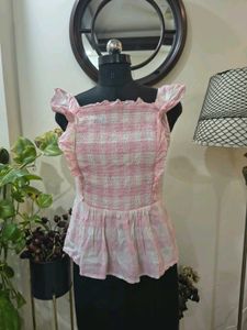 Pink Gingham Smocked Peplum Top