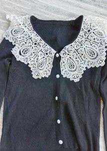 Elegant Black Cardigan Lace Collar,korean