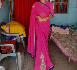 Beautiful Pink Saree with Blue Border