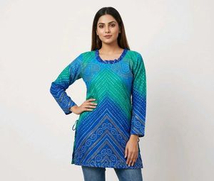 Vibrant Blue & Green Bandhani Tunic kurta