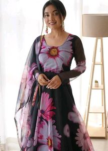Floral Print Anarkali Suit organza fabric