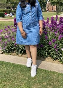 Denim shirt dress with striped accents