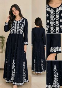 Navy Blue Floral Embroidered Long Dress/Kurti