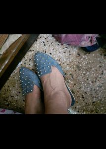 Studded Party Wear Blue Slip-On Flats In 39 Number