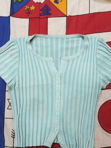 Light Blue Ribbed Cropped Cardigan
