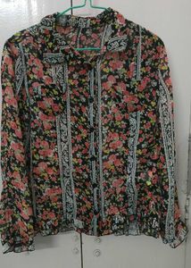 Floral Print Sheer Button-Up Top