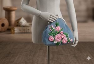 Denim Clutch with Floral Embroidery