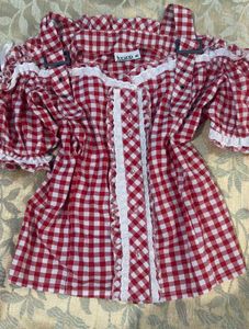 Red Gingham Cold Shoulder Top with corset back