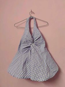 purple Gingham Halter Neck Peplum Top