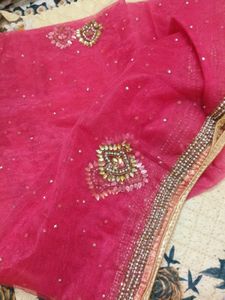Rani Pink Net Dupatta with Zari