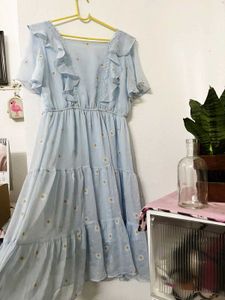 Light Blue Daisy Print Tiered Dress