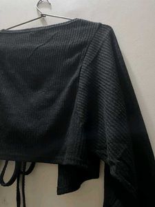 Black Ribbed Cropped Tie-Back Top