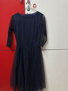 Elegant Navy Blue Sheer Sleeve Dress