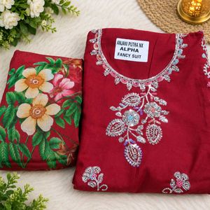 Maroon Sequined Kurta Set with Floral Dupatta