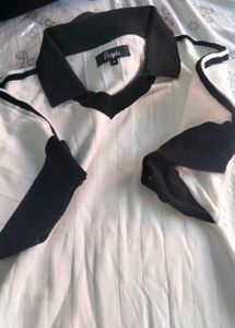 White &amp; Black Striped V-Neck Top