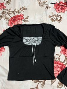 Black Lace Trimmed Square Neck Top
