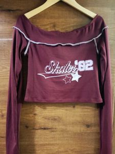 Maroon Y2k "Skater 82" Off-Shoulder Top