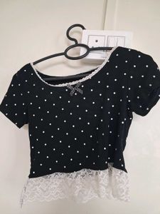 Cute Polka Dot Lace Trim T-Shirt