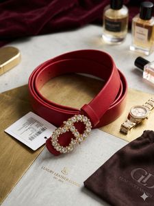 Red Designer Belt with Crystal Buckle