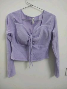 Purple Ribbed Tie-Front Top