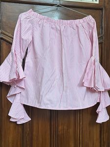 Pink Striped Off-Shoulder Bell Sleeve Top