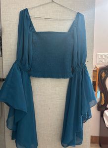 Statement Teal Bell Sleeve Crop Top