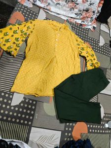 Yellow Kurta  green pants Set with Printed Sleeves