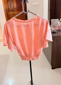 Peach Knot-Front Top with Minimal Embroidery