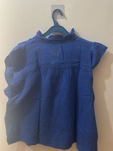 Blue Cap Sleeve Button-Up Top
