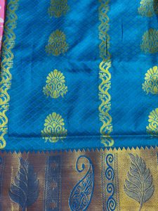 fixed  Blue Silk Saree with Gold Zari  pattu