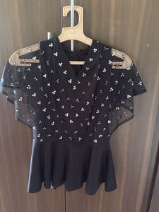 Black Peplum Top with Sheer Overlay