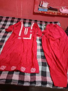 Vibrant Red Kurta Set with White Embroidery