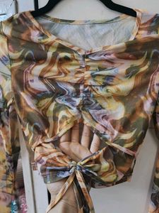 Mesh Ruched Tie Front Long Sleeve Top