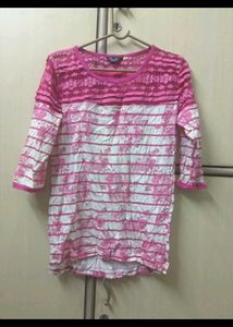 Pink Floral Stripe Lace Trim Top