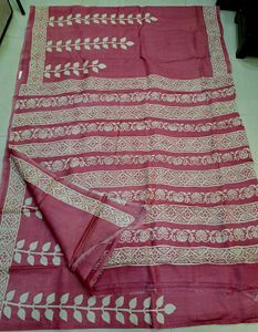 BRAND NEW Pink Block Print Tussar Saree