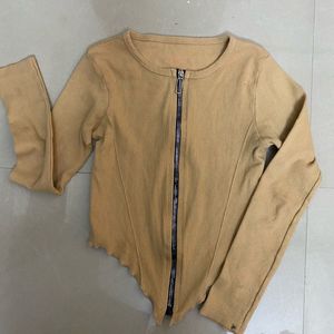 Ribbed Knit Zip Cardigan Cropped Top